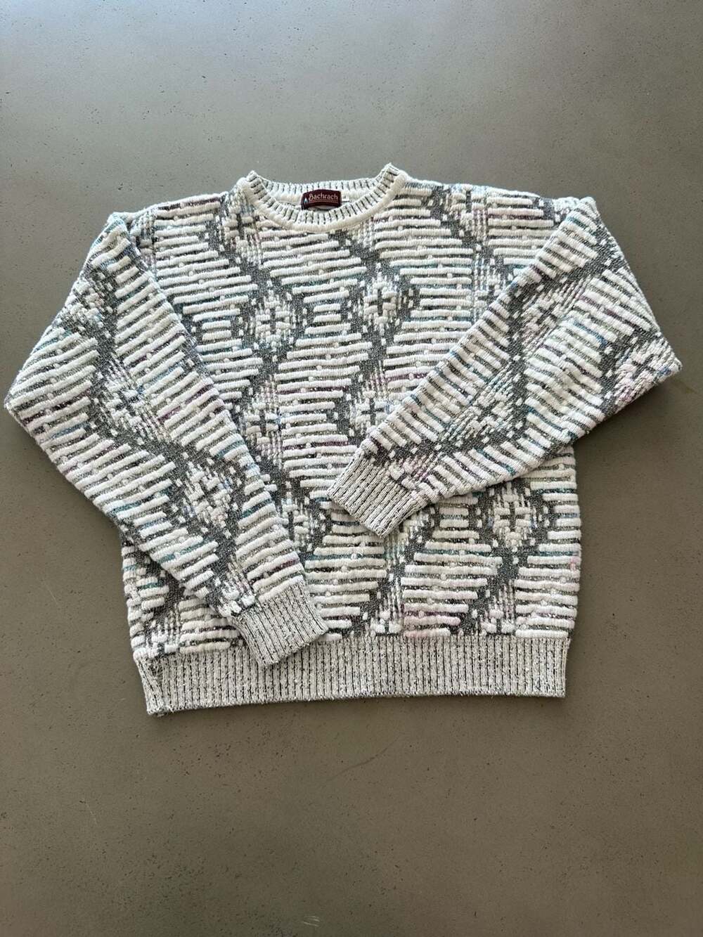 Vintage Bachrach Men's Textured Geometric Pattern Knit Crewneck Sweater